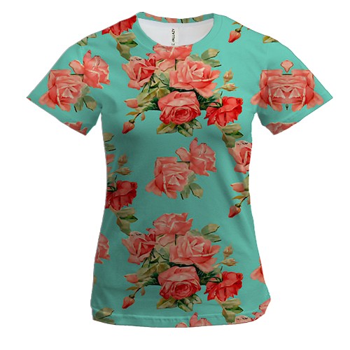 Женская 3D футболка с розами на обоях