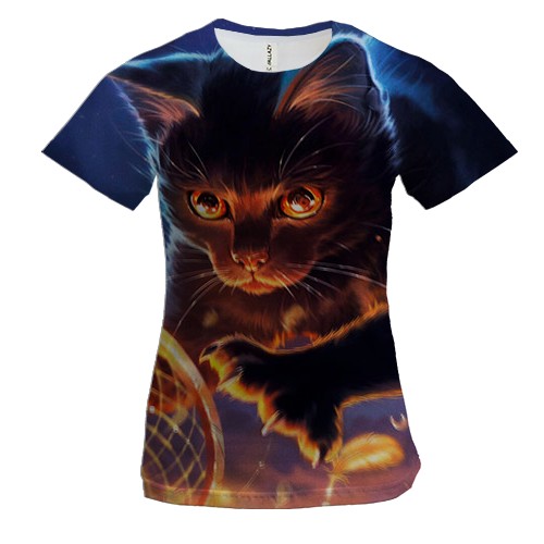 Женская 3D футболка с играющим котом