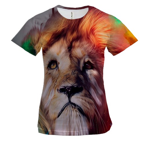 Женская 3D футболка со львом в радужном дыме
