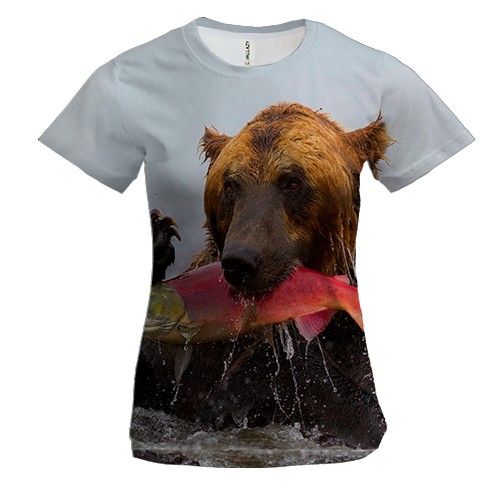 Женская 3D футболка с медведем и рыбой