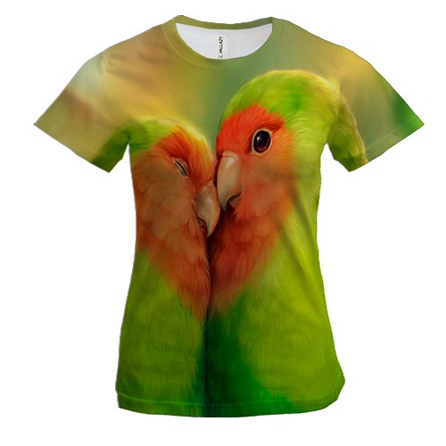 Женская 3D футболка с влюбленными попугаями
