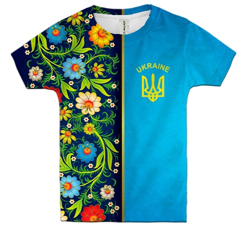 Детская 3D футболка с петриковской росписью и гербом Украины