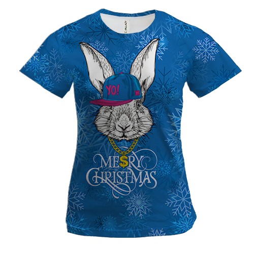 Женская 3D футболка Кролик в кепке Merry Christmas
