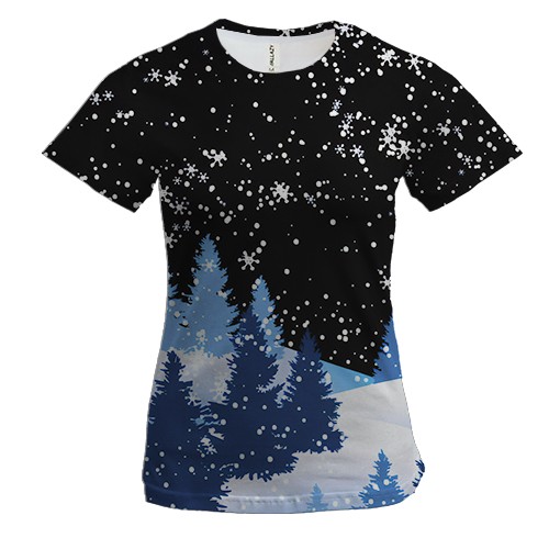 Женская 3D футболка Снежная ночь в зимнем лесу