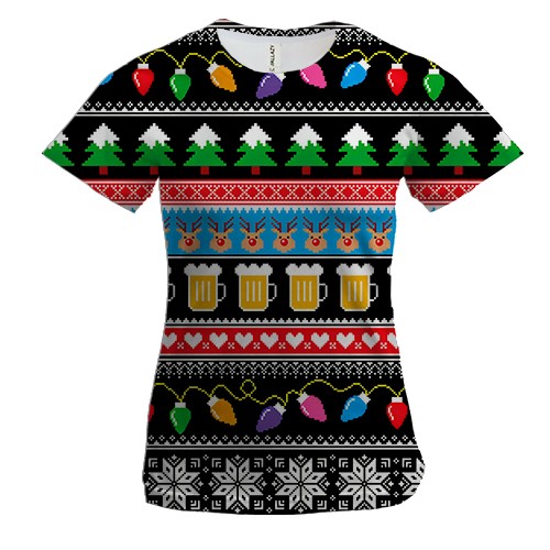 Женская 3D футболка Новогодний узор с пивом и оленями