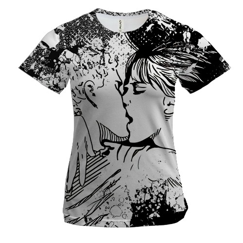 Женская 3D футболка Черно-белый поцелуй 2