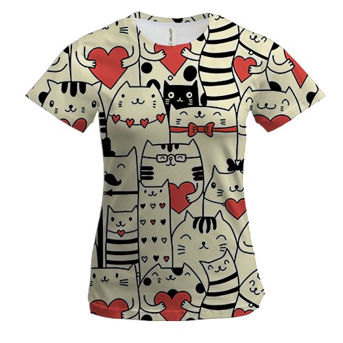 Жіноча 3D футболка Коти із серцями