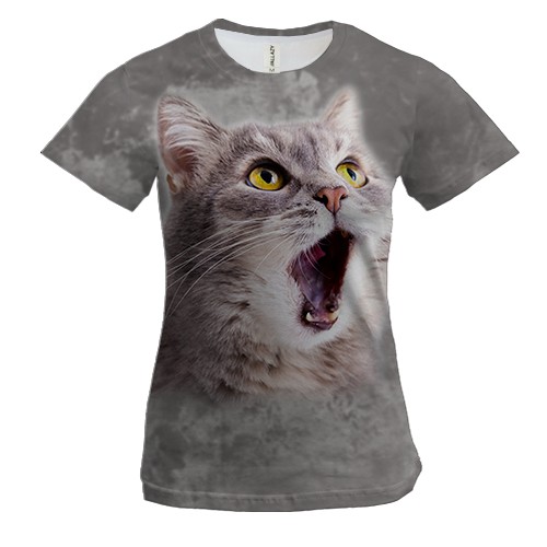 Женская 3D футболка с удивленным котом