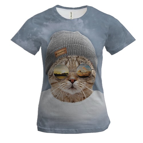 Женская 3D футболка Кот-хипстер