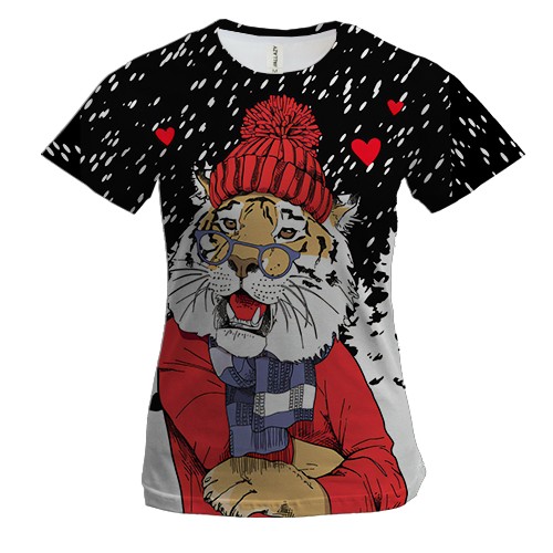 Жіноча 3D футболка «Тигр у червоному»