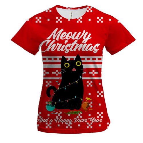 Женская 3D футболка Кот в гирлянде - Meowy Christmas