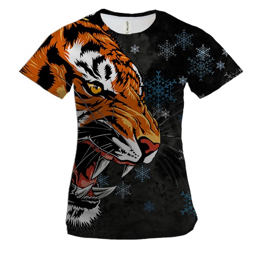 Женская 3D футболка Амурский тигр со снежинками