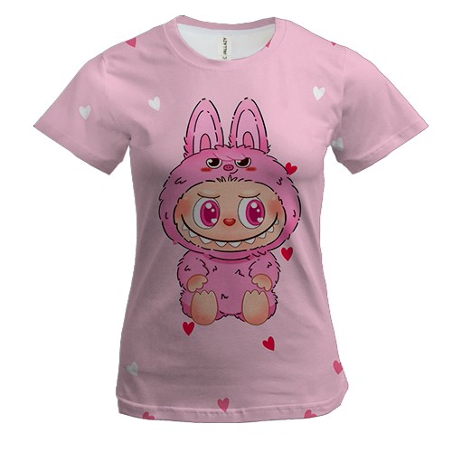Женская 3D футболка Лабубу в розовых сердечках