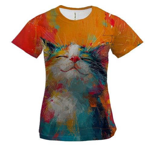 Жіноча 3D футболка Щасливий кіт у кольорових фарбах