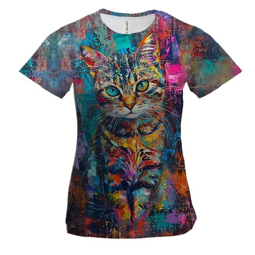 Жіноча 3D футболка Кіт у кольорових фарбах