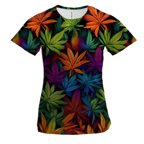 Женская 3D футболка с разноцветными листьями конопли