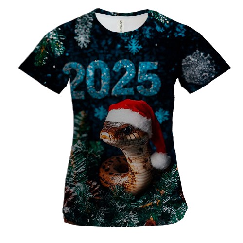 Женская 3D футболка Змея в шапке Санты