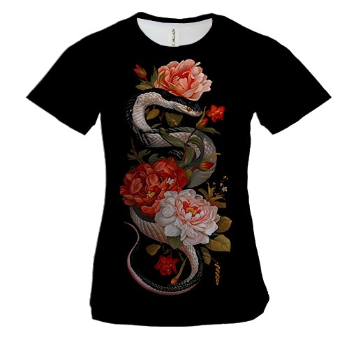 Женская 3D футболка змея в пионах