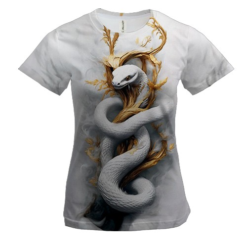 Женская 3D футболка с белой змеёй и мрамором