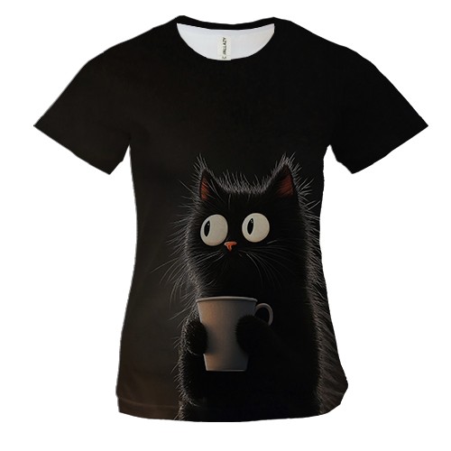 Женская 3D футболка Кот с чашкой напитка