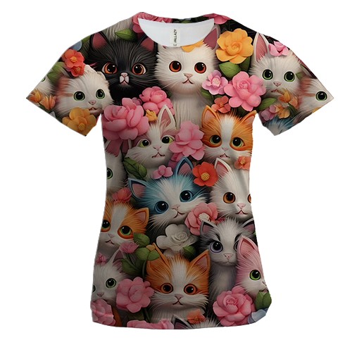 Женская 3D футболка Котята в цветах