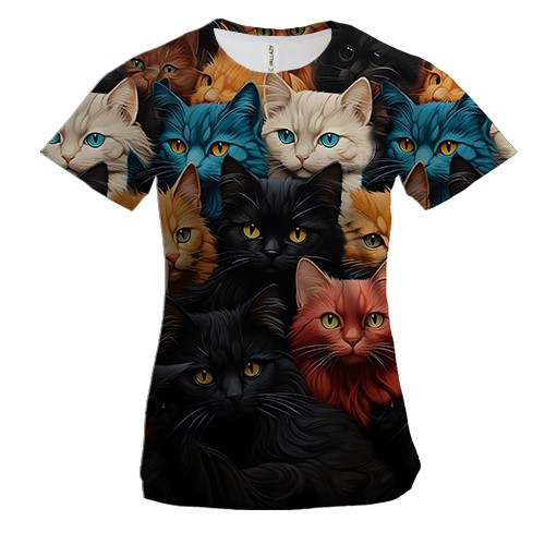 Женская 3D футболка Разноцветные коты