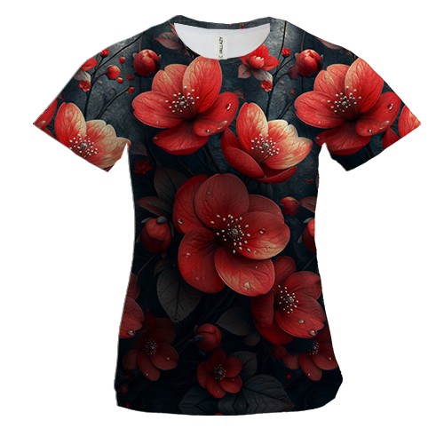 Жіноча 3D футболка з червоними квітами (АРТ)