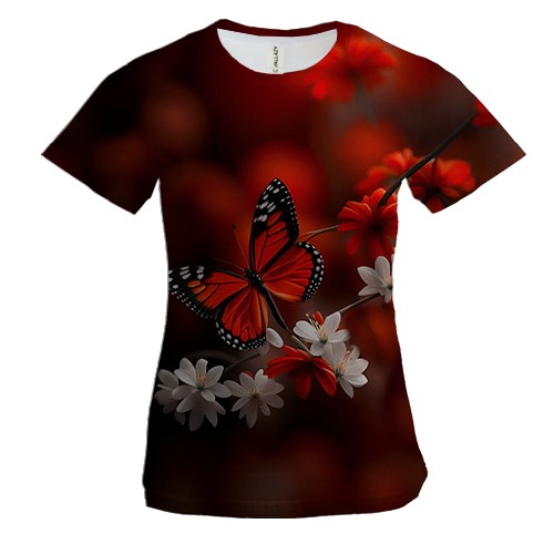 Женская 3D футболка с бело-красными цветами и бабочкой