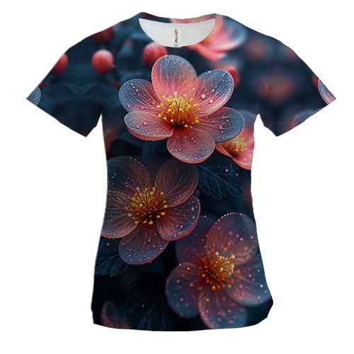 Женская 3D футболка с полупрозрачными арт цветами