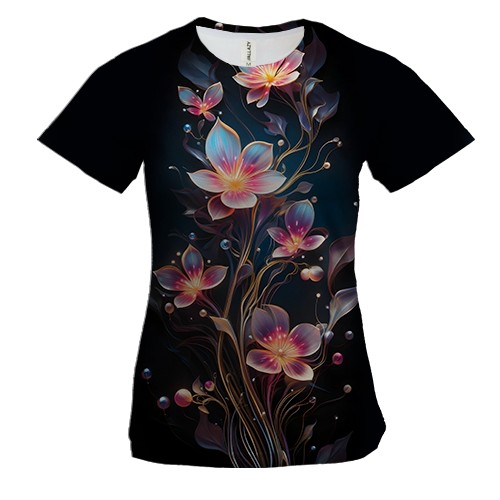 Жіноча 3D футболка з декоративними арт-квіти