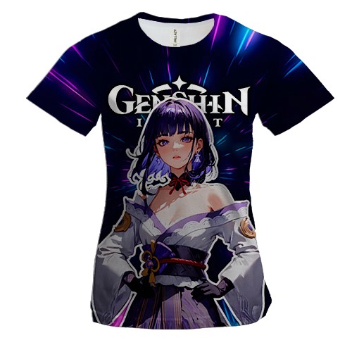 Жіноча 3D футболка Raiden - Genshin, neon