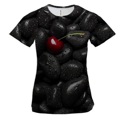 Жіноча 3D футболка Вишня на чорній гальці