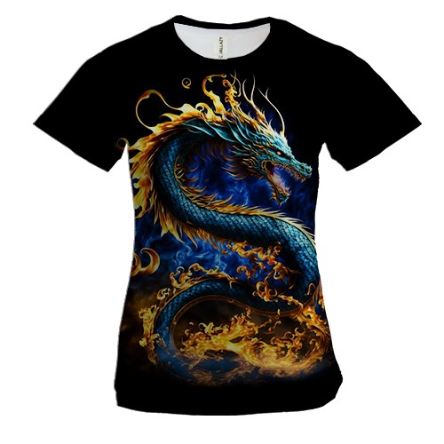 Жіноча 3D футболка з жовто-синім драконом