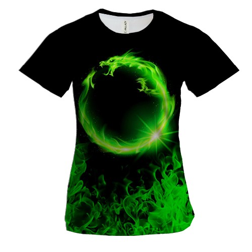 Женская 3D футболка Зеленый огненный дракон кольцом
