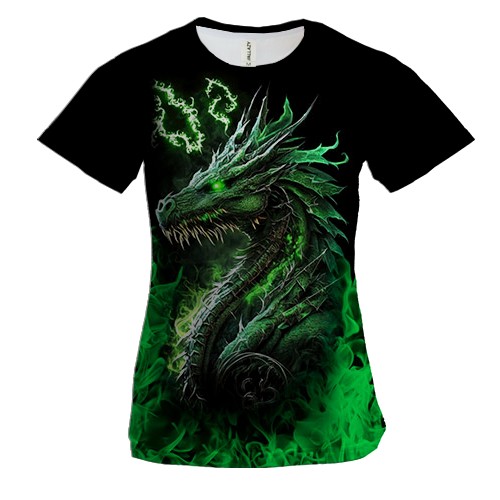 Женская 3D футболка Зеленый огненный дракон (2)