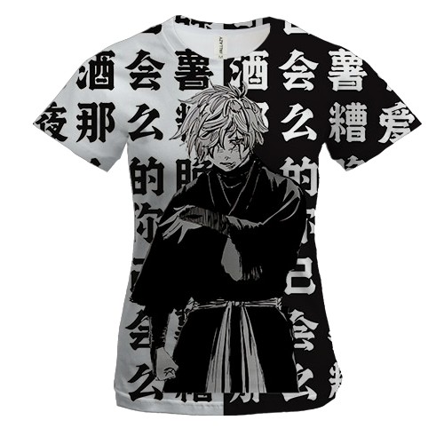 Женская 3D футболка Габимару - Адский рай (черно-белые иероглифы)