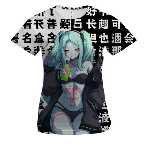 Жіноча 3D футболка Ребекка - Кіберпанк аніме (чорно-білі ієрогліфи)