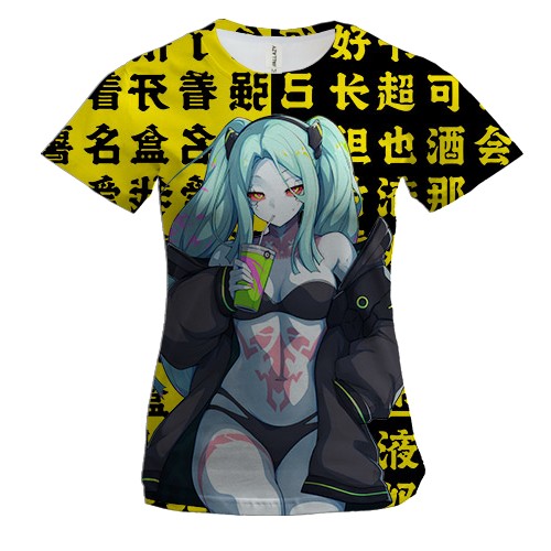 Женская 3D футболка Ребекка - Киберпанк аниме (черно-желтые иероглифы)