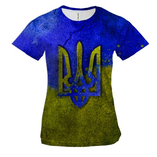 Жіноча 3D футболка з гербом України на тлі стіни