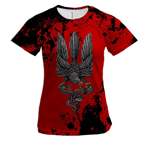 Жіноча 3D футболка із соколом-гербом України (червоно-чорна)