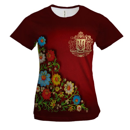 Женская 3D футболка с цветами и Большим гербом Украины