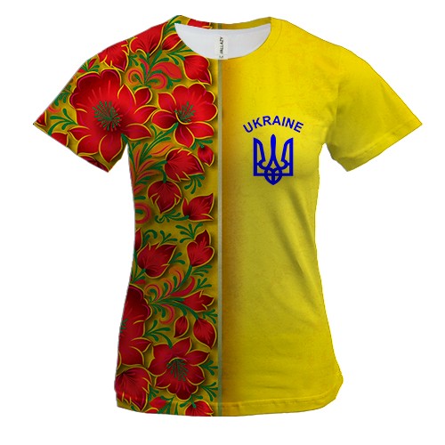 Жіноча 3D футболка з петриківським розписом і гербом України (2)