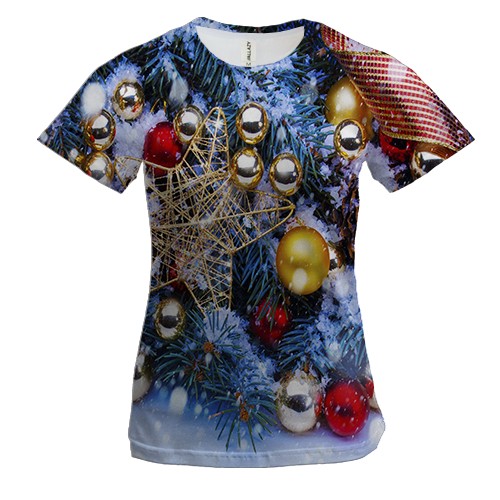 Женская 3D футболка с новогодней атрибутикой