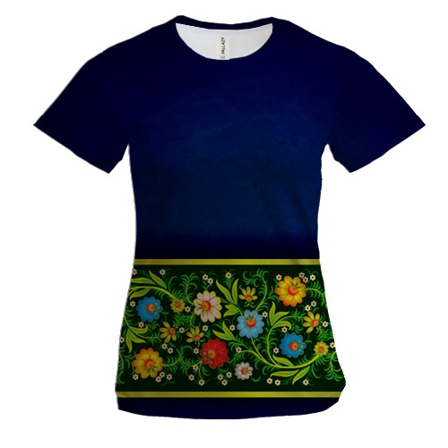 Женская 3D футболка с петриковской росписью (темно-синяя)