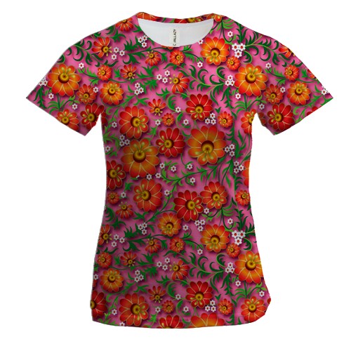 Женская 3D футболка с петриковской росписью (розовая)