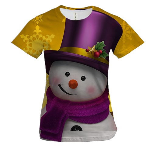 Женская 3D футболка со снеговиком в цилиндре