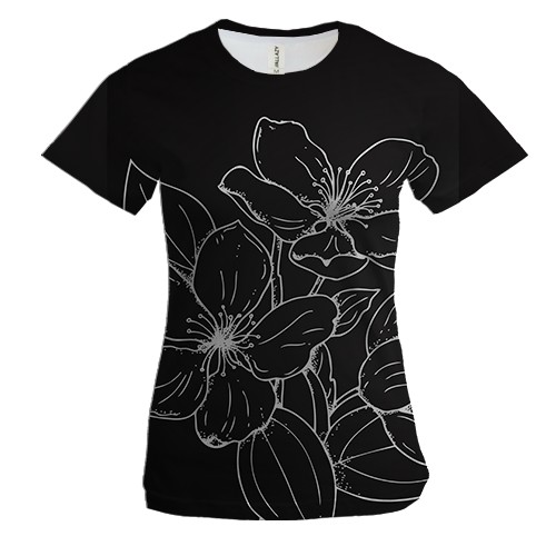 Жіноча 3D футболка з білими контурними квітами