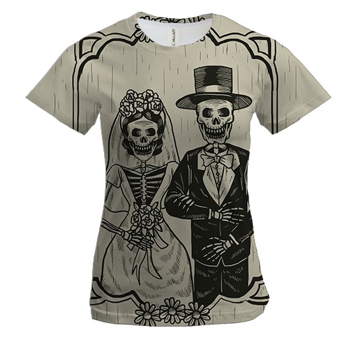 Женская 3D футболка со скелетами молодоженами