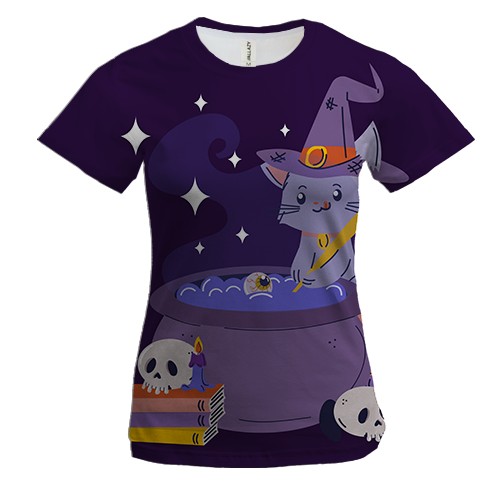 Женская 3D футболка с котом колдуном
