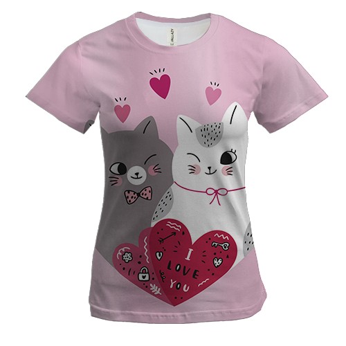 Женская 3D футболка с влюбленным серым и белым котом